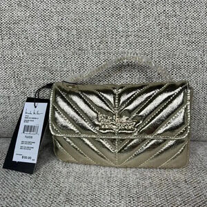 Nicole Miller Shoulder Bag Gold Quilted Logo Chain Strap Crossbody Purse New